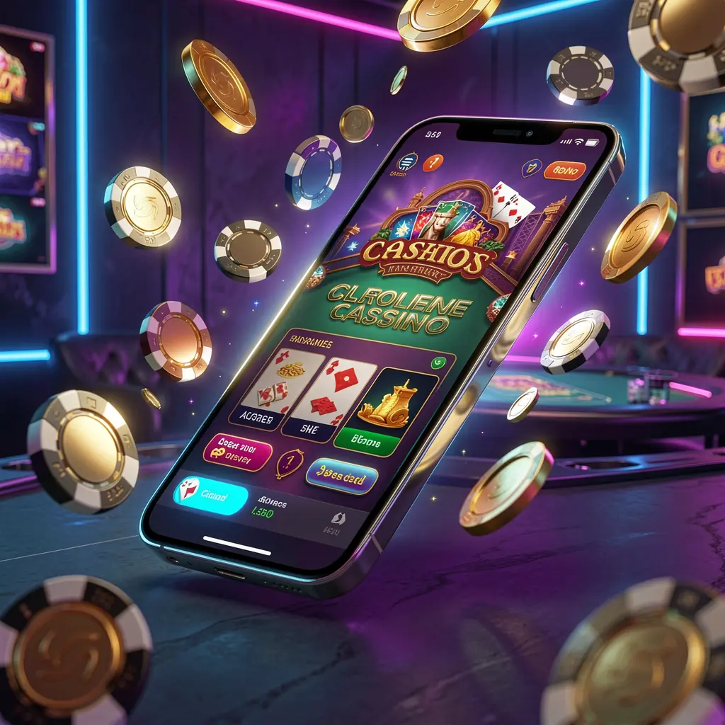MY888 online casino mobile app hero banner showing a modern smartphone with a glowing casino interface, golden coins and poker chips flying around against a dark luxury background with neon accents