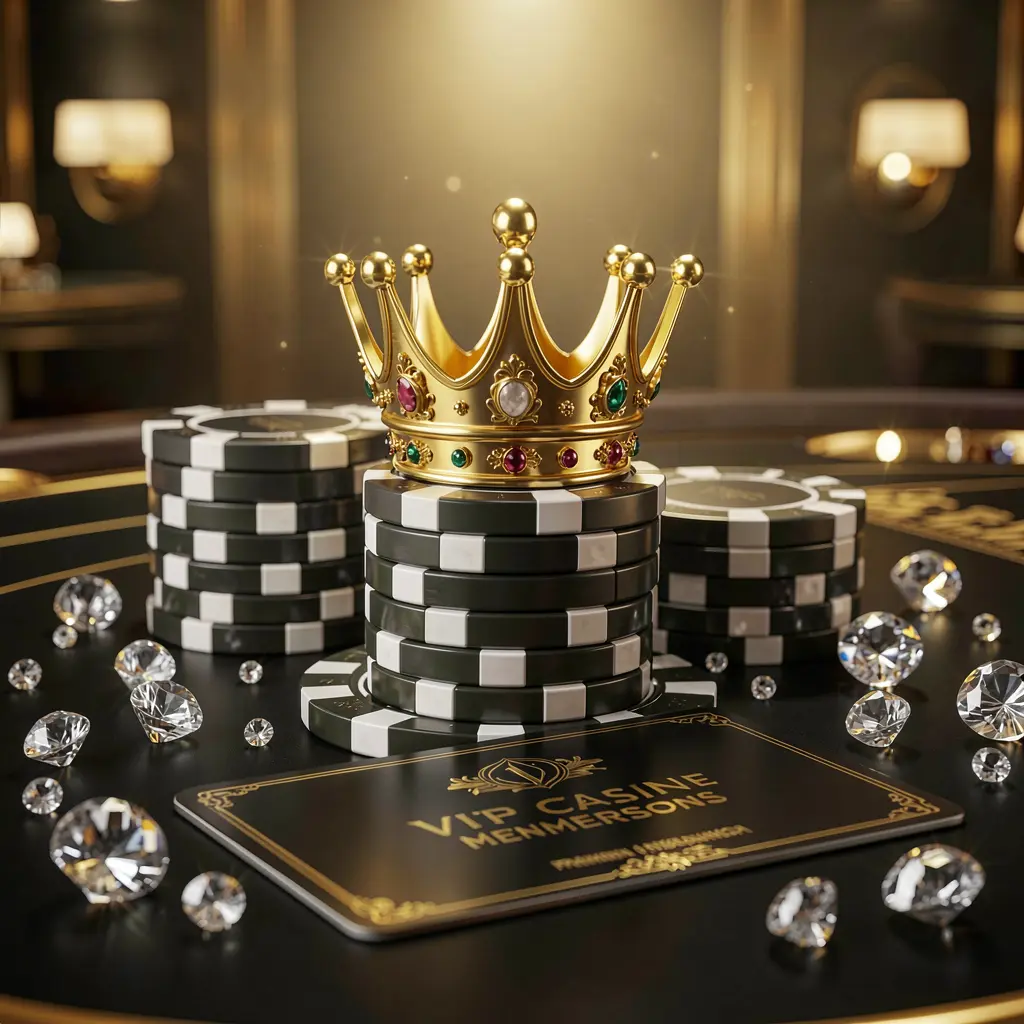 Elegant golden crown on poker chips with sparkling diamonds and a premium membership card in a luxury black and gold background, representing MY888 VIP casino rewards in an exclusive high-end casino atmosphere