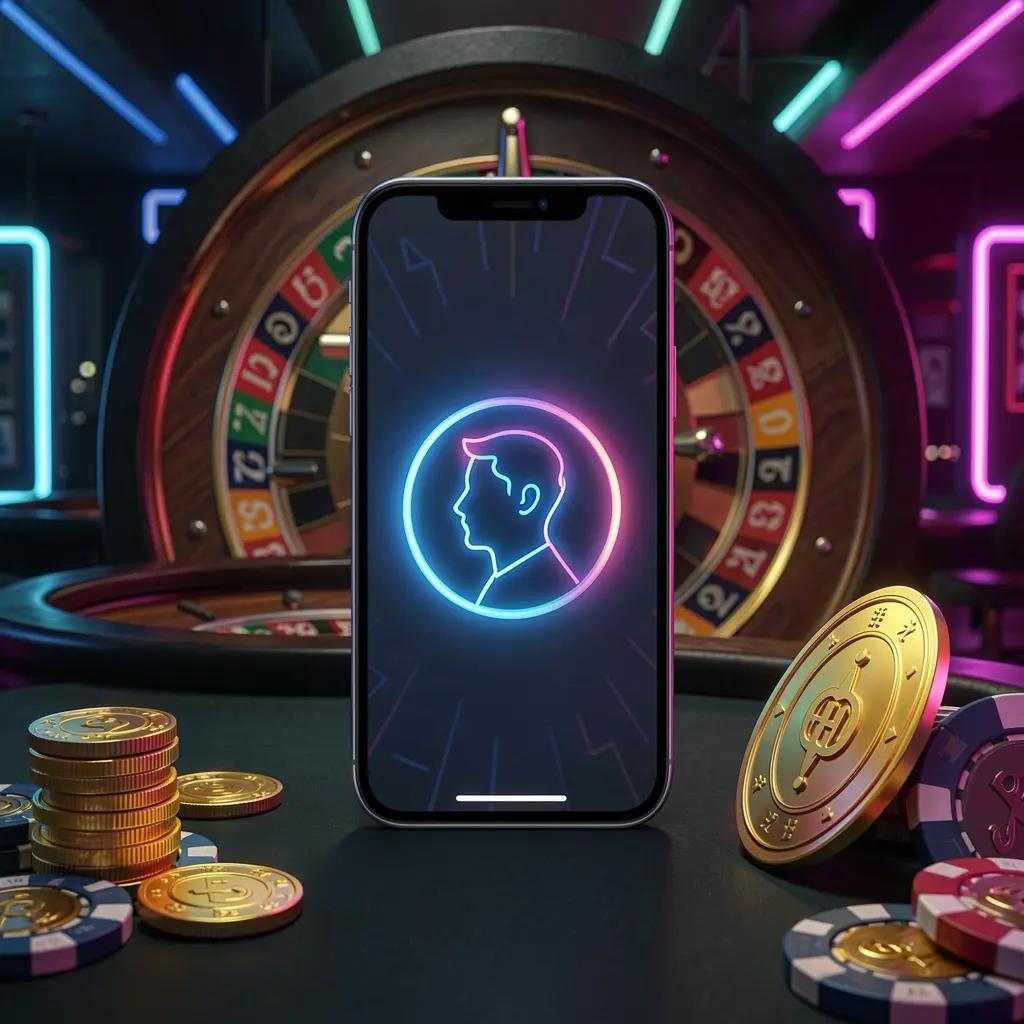 MY888 online casino login hero image featuring a modern phone with a glowing profile icon, roulette lights in the background, and golden coins and poker chips in a premium dark neon atmosphere