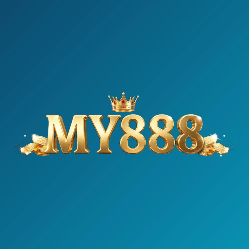 MY888 casino-style logo featuring golden letters with a crown element and sparkling coins, set in a luxury gaming atmosphere on a transparent background, designed as a horizontal rectangular wordmark logo for website header