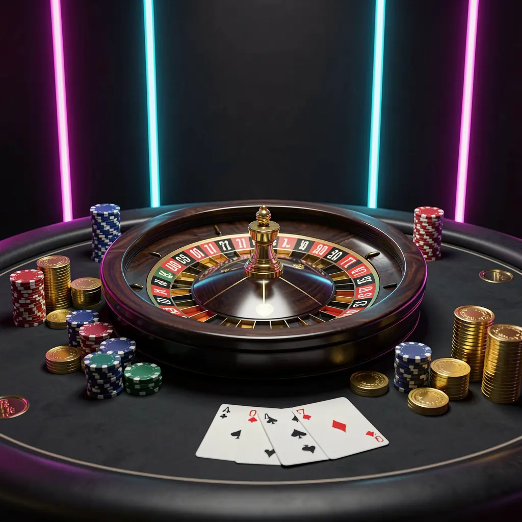 MY888 online casino homepage hero banner featuring a luxury casino table with a roulette wheel, poker chips, playing cards, and golden coins against a dark premium background with neon glow in a cinematic 3D render